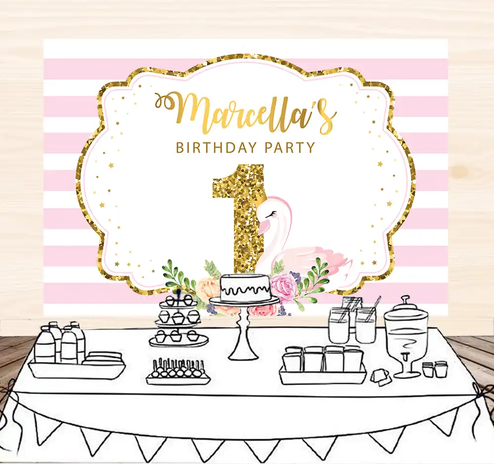 New Swan Girl Happy Birthday Party Photo Studio Booth Backgrounds Pink Floral Princess Birthday Pink and White Stripes Photography Backdrop Banner 7x5ft