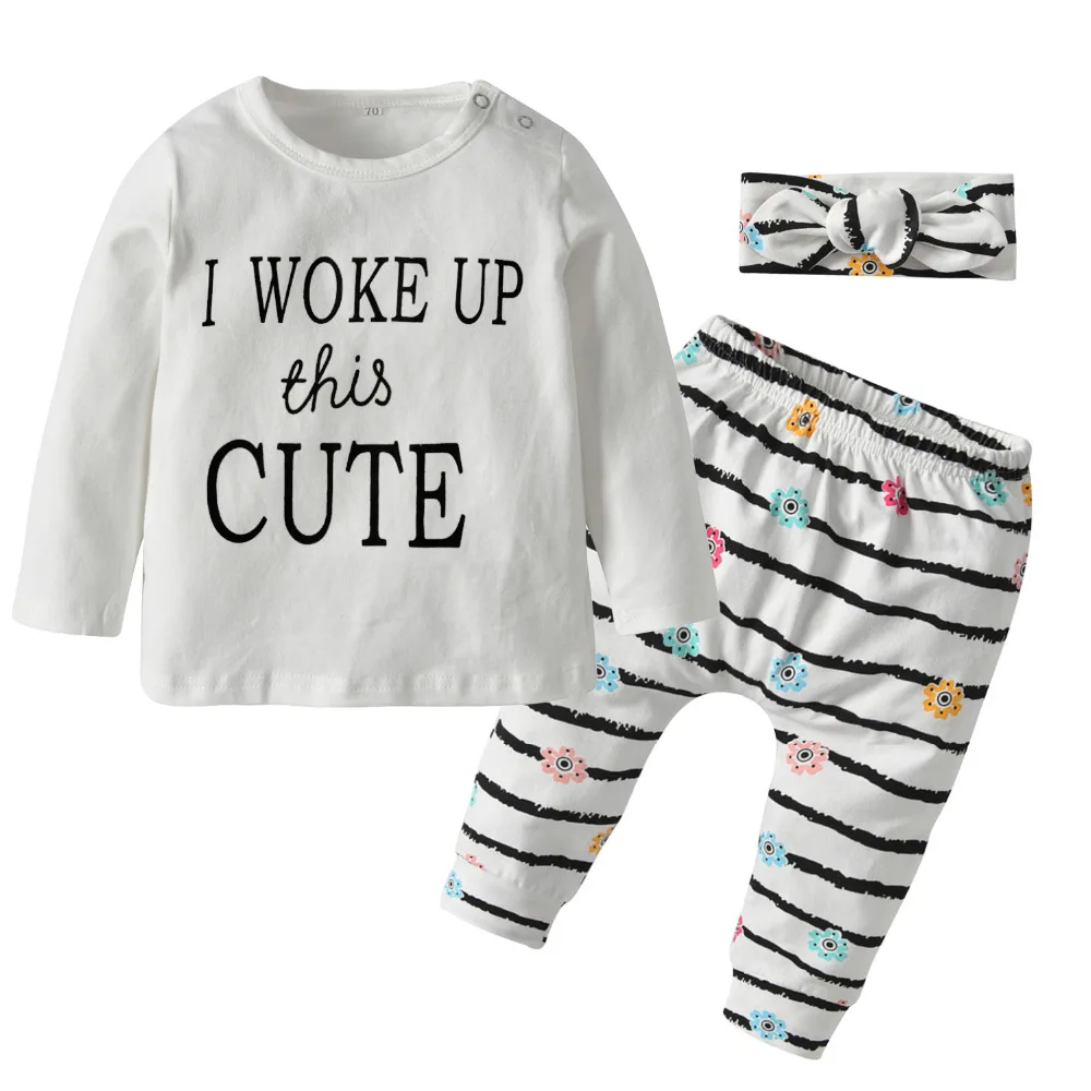 Spring Infant Baby Girl Clothing Casual Toddler Long Sleeves T-shirt Tops + Pants + Headband Newborn Babys Closed Set 3PCS