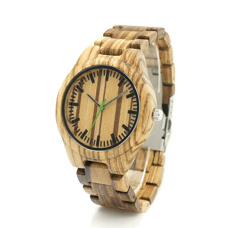 BOBO BIRD V-K28 Zebra Wood Wristwant Mens Style Wood Dial Green Second Hand Quartz Watch Wood/Leather Strap in Gift Box