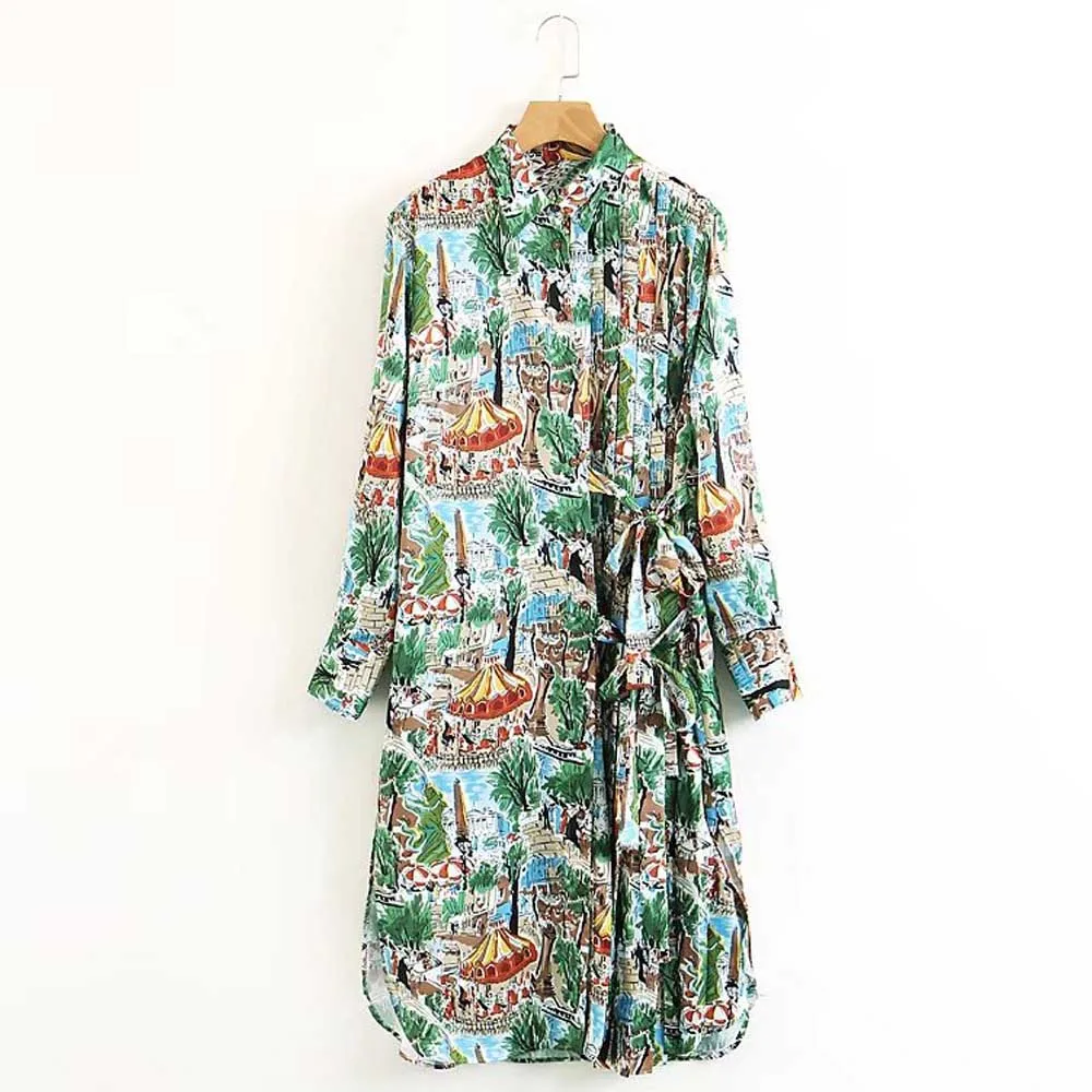 

FIRSTTO Vintage Colorful Landscape Playground Print Waist Tied Bow Slim Long Shirt Turn-down Collar Lady Long Sleeve Split Dress