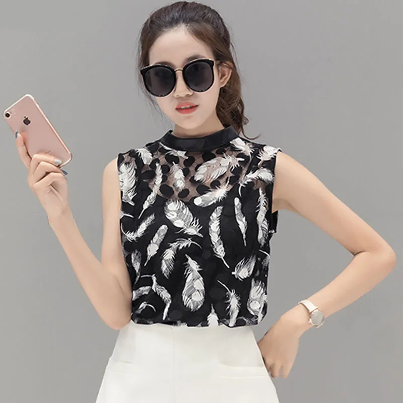 

New 2017 Summer Black Lace Blusas Women's Hollow Out Mesh Tops Elegant Sleeveless Feathers Shirts Feminine Blouse E0045