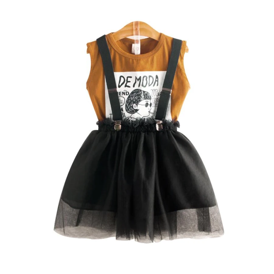 

Summer 2019 Kids Skirt sets for girls cotton top tshirt Children Sleeveless Clothes Set Fashion casual cartoon Girls strap skirt