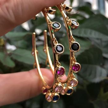 

Big Round Colorful Hoop Earrings For Women multi color Stone Shiny Large Punk Rainbow Circle Earring Gold Color Fashion Jewelry