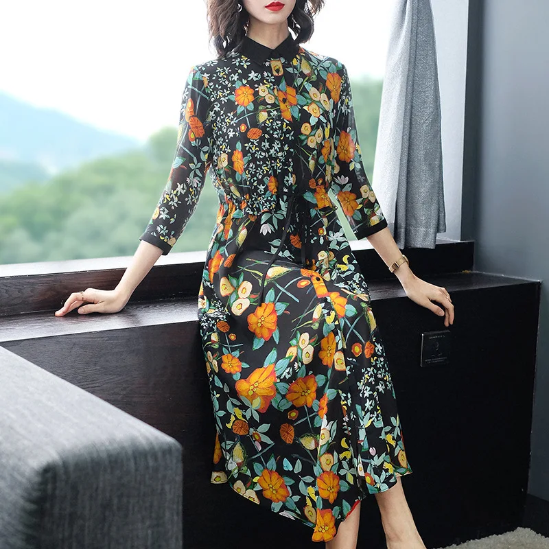 

100% Silk Print Three Quarter Sleeve Loose Beach Party Irrgular Dress 2019 New Women Summer Office Lady Work A-Line Shirts Dress