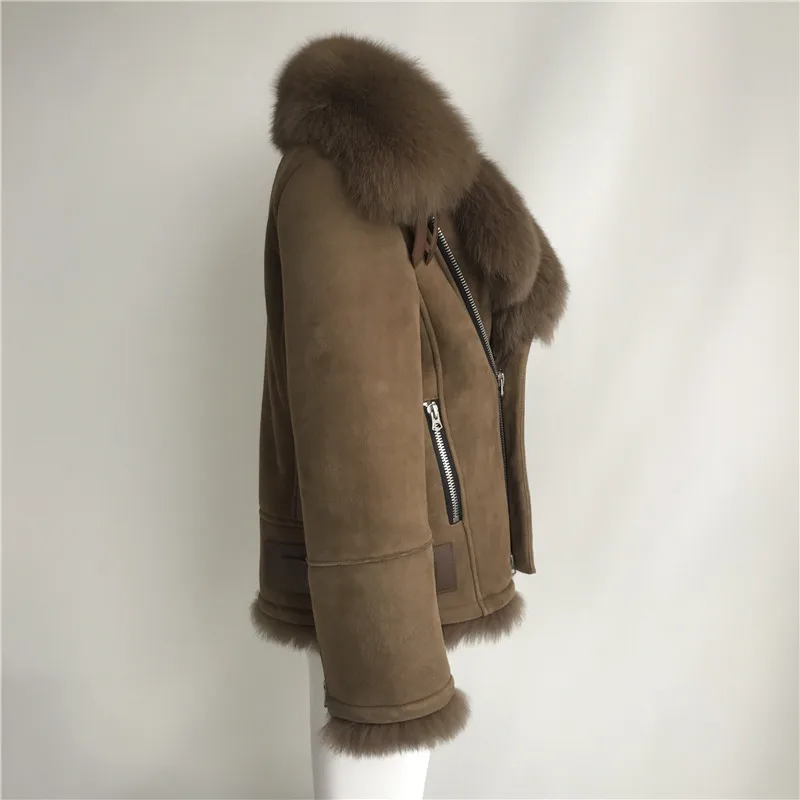 Кожаная куртка с отворотом из овечьего меха, женская зимняя мотоциклетная куртка из натуральной кожи, модная верхняя одежда, большой меховой воротник, короткая куртка
