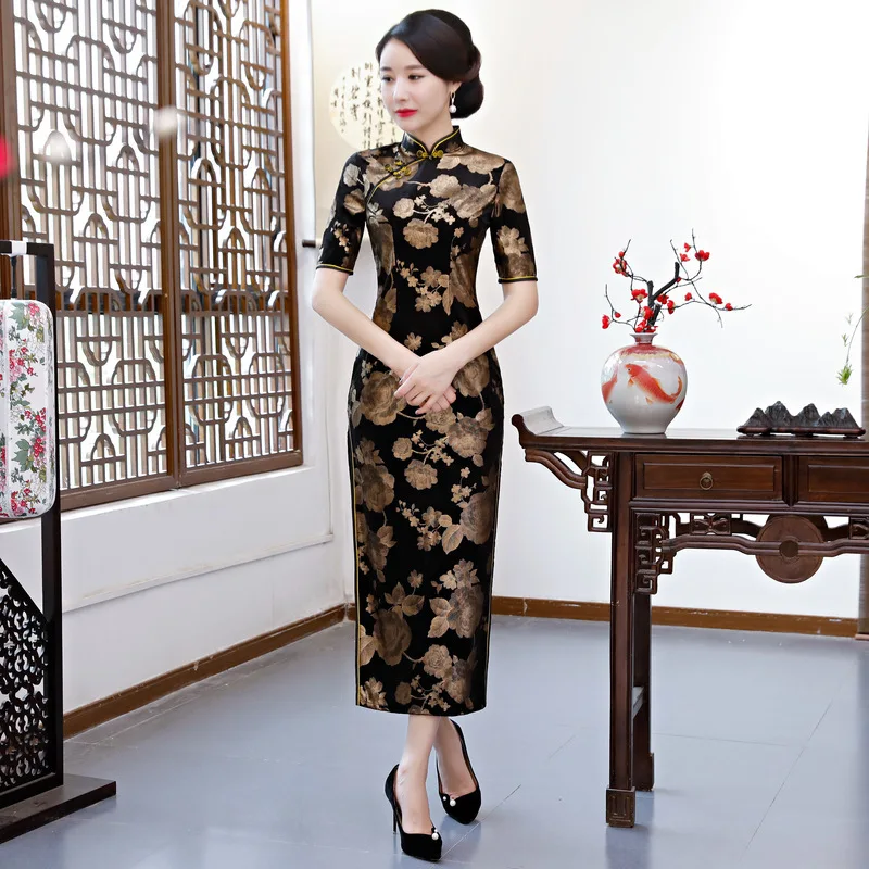 Черный позолота бархат Cheongsam винтаж с цветочным принтом Длинные Cheongsam Плюс размеры 3XL Традиционный китайский женское платье элегантный