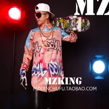 Мужская DJ Singer blockb zico граффити хип хоп длинная эластичная рубашка костюмы сценическая Повседневная Свободная рубашка! S-4XL