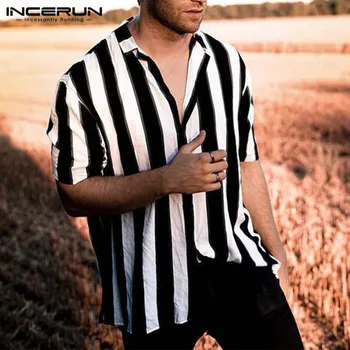 

INCERUN Summer Fashion Striped Shirt Men Lapel Neck Loose Casual Short Sleeve Button Brand Shirt Chic Vacation Camisa 2020 S-5XL