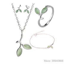 925 пробы, серебряные ювелирные наборы, опал, бутон листьев, ожерелье+ серьги+ кольцо+ браслет для женщин, летние ювелирные изделия, подарок