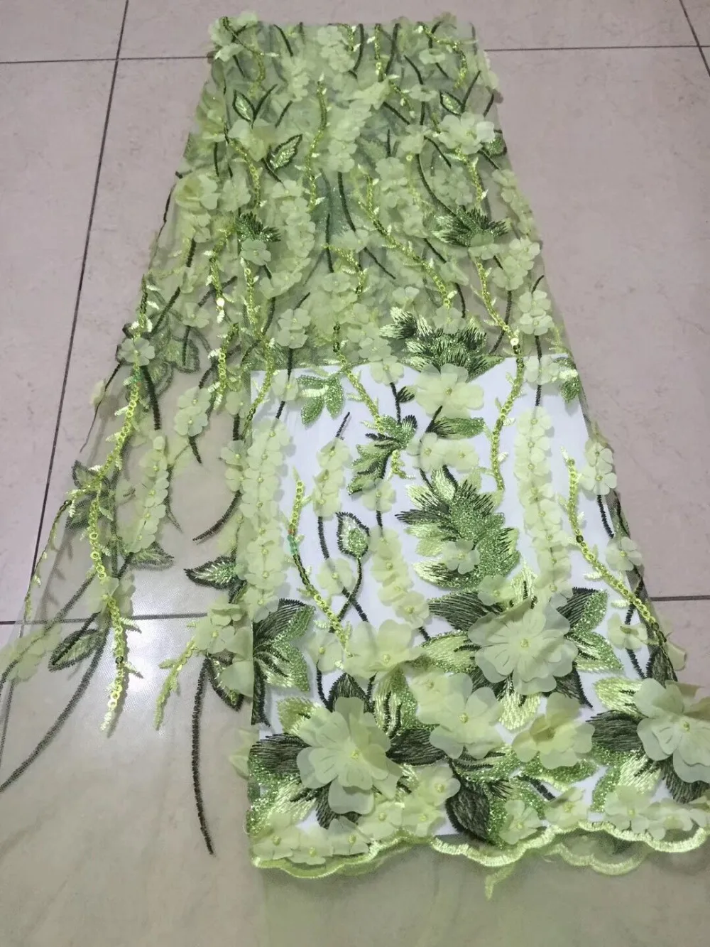 3d flower embroidered lace fabric with sequins white pink green tulle mesh lace nigerian fabric for haute couture dress