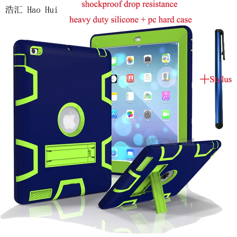 

For Apple iPad2 iPad3 iPad4 Kids Safe Armor Shockproof Heavy Duty Silicon+PC Stand Back Case Cover For ipad 2 3 4 + Free Stylus