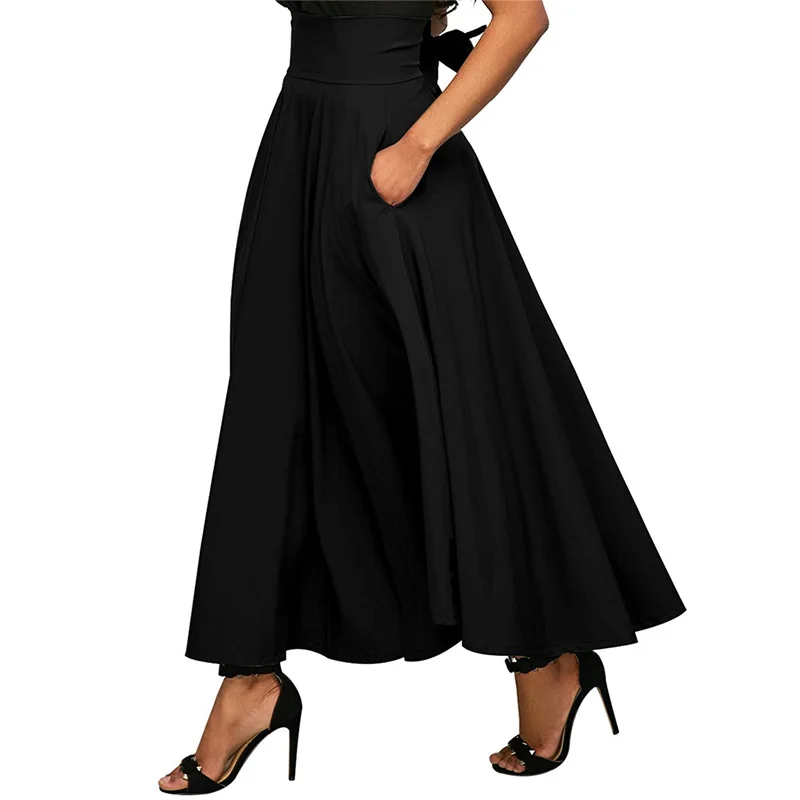 Aonibeier/юбка с широким поясом на молнии сзади; модная Однотонная юбка макси с высокой талией; юбка трапециевидной формы с двойным карманом на шнуровке - Цвет: Black