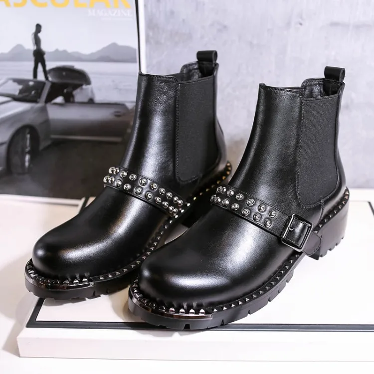 34 39 Women boots 2016 high end fashion metal rivet belt buckle cowhide
