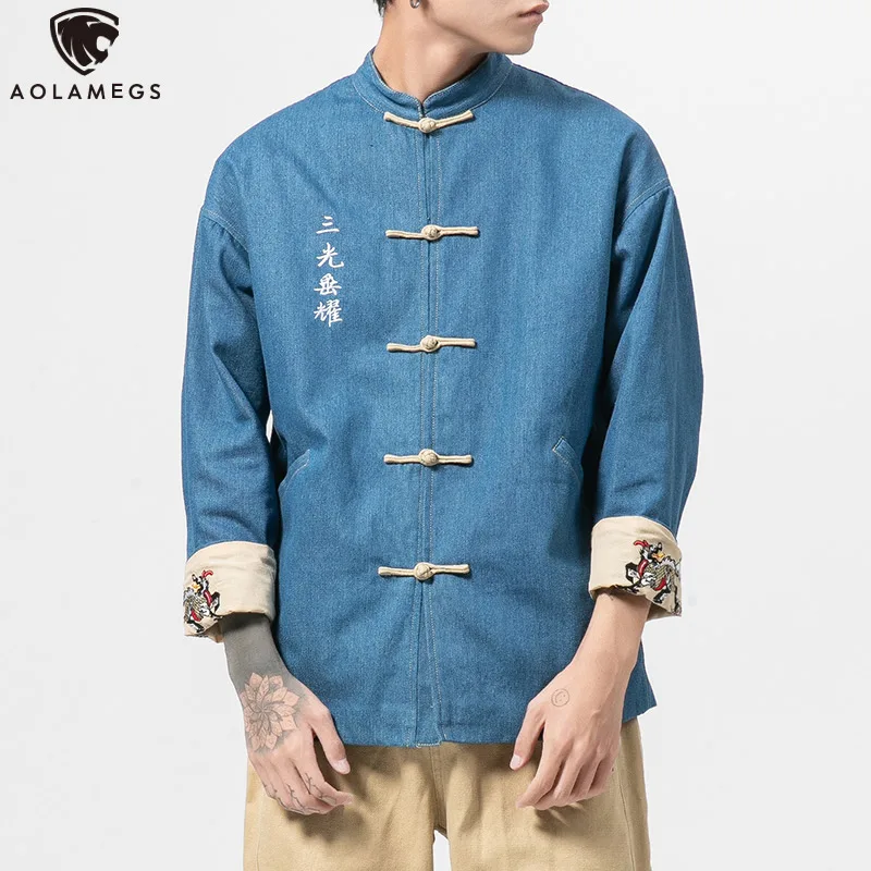 

Aolamegs Men Denim Jacket Embroidery Mens Jacket Chinese Style Fashion Broken Cowboy Jacket Coat Plus Size Casual Outwear