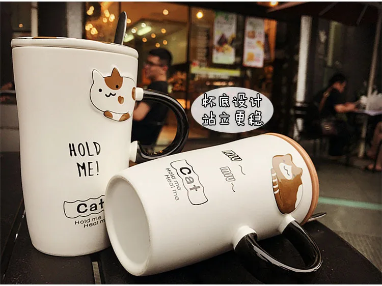 Креативная керамическая чашка с рисунком кота, рельефная кружка с животным рисунком, милая кофейная чашка с ложкой, подарки для путешествий