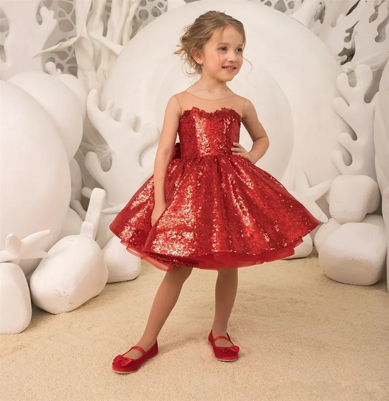 US $80.64 Sparkle Sequins Red Flower Girls Dresses Tulle Appliques Bow Ball Gown Detachable Train Kids Party Princess Pageant Платье 2021