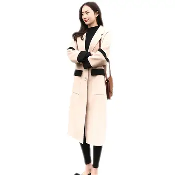 

2019 New Casual Women Winter Warm Thicken Long Woolen Coats Female Patchwork Pockets Loose Oversized Blends Jackets Outwear B40