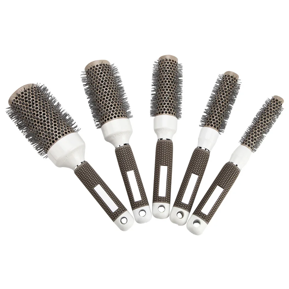 

5 Sizes Gray Ceramic Ionic Comb High Temperature Resistant Round Combs Iron Radial Brushes Curly Hairbrush Hair Salon Tool