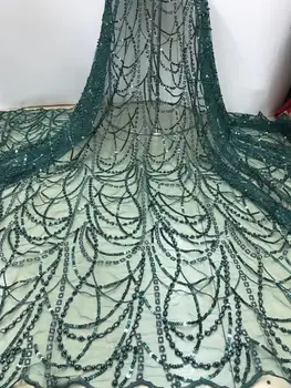 

2019 Hot sell new green and gold African 3D embroidered mesh lace luxury handmade glass bead edge royal fabrics