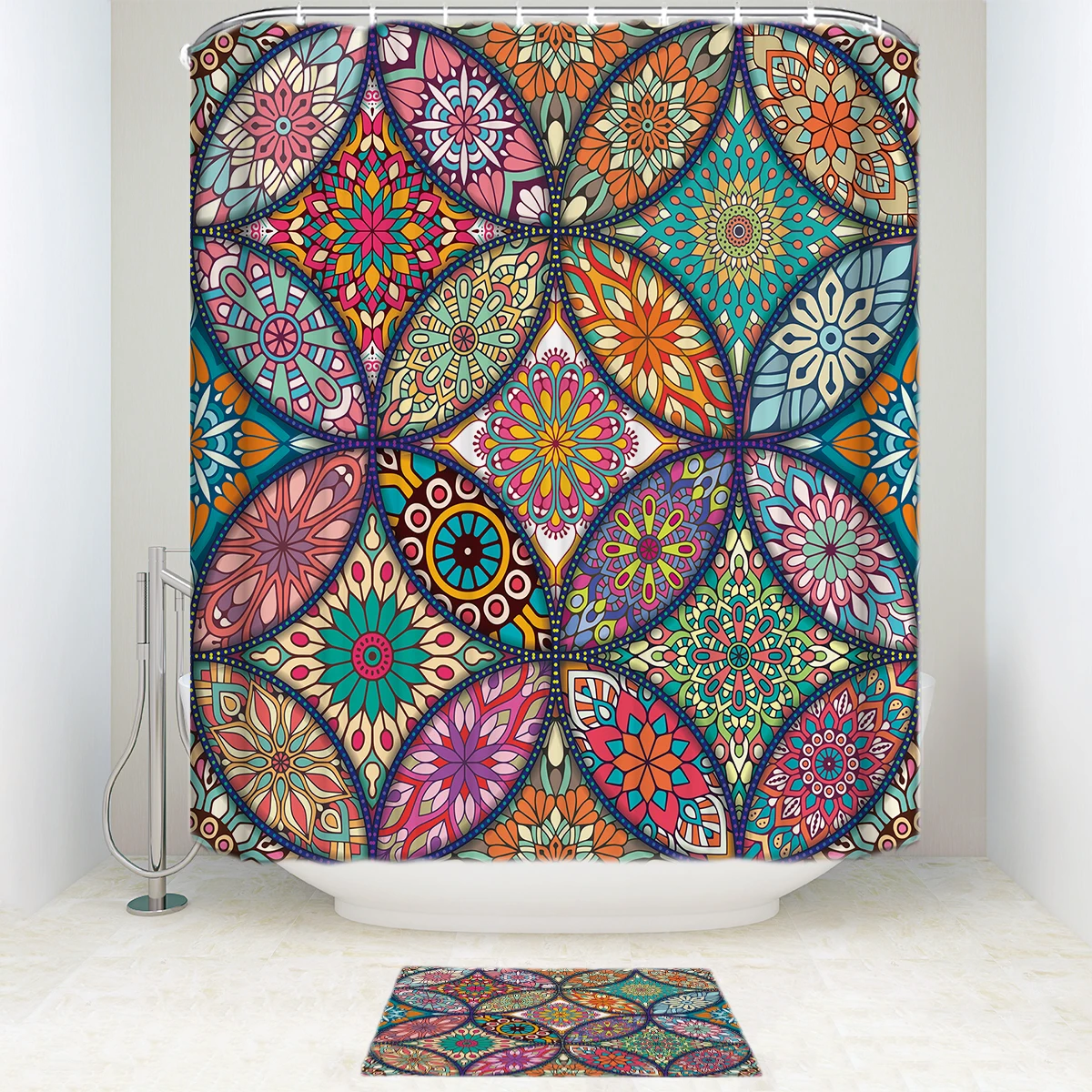 

Colorful Background with Different Mandalas Waterproof Polyester Fabric Shower Curtain Hooks Doormat Bath Floor Mat Bathroom