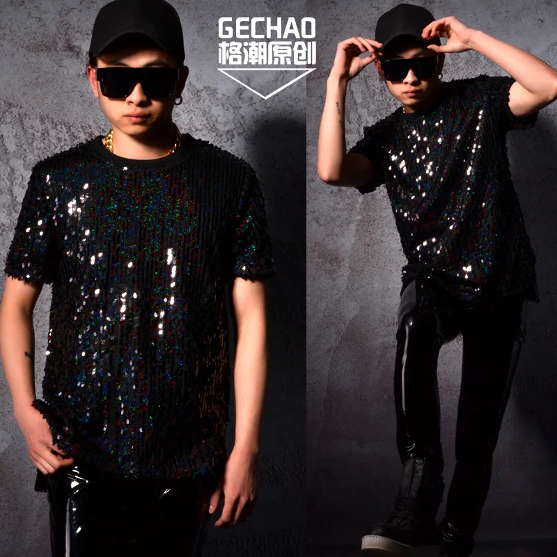 

S-5XL ! 2019 New fashion slim Hair Stylist men's clothing Dj Sequins T-shirt plus size singer costumes