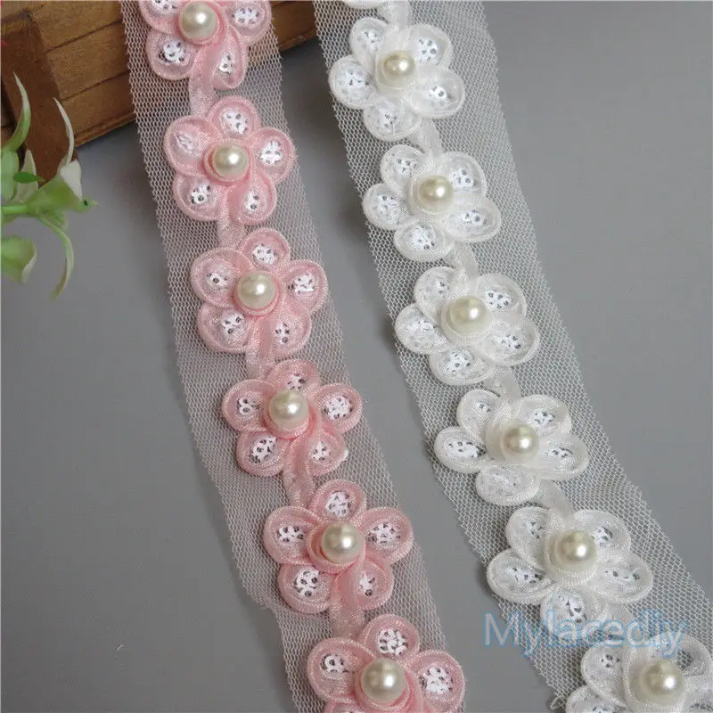 1 Yard 28mm Pearl Net Sakura Flower Lace Edge Trim Ribbon Fabric Embroidered Applique Sewing Craft Crochet Wedding Dress Clothes | Дом и сад