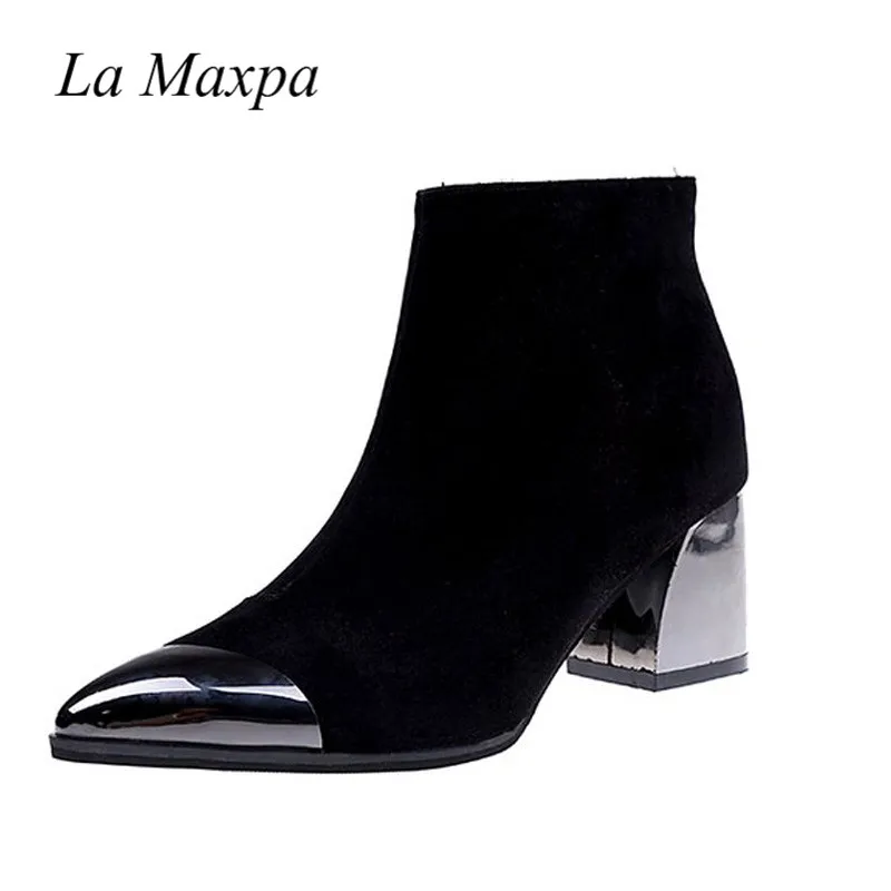 

2019 Sexy Black Shoes Pointed Toe Square Heel High Boots Spring Shoes Metal Decoration Work Zip Zapatos Mujer 6CM Yellow Boots