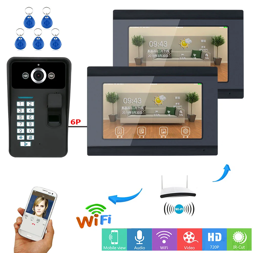 2 Monitors Fingerprint RFID Password 7 Inch LCD Wifi Wireless Video Door Phone Doorbell Intercom HD Camera System APP Control