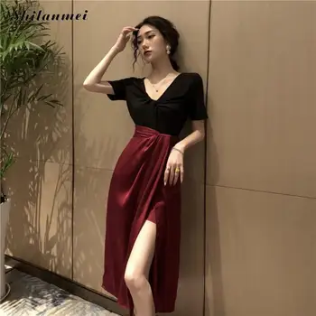 

Red Black Two-Piece Dress Women 2019 Summer Sexy Side Slit Bodycon Dress Women Fashion Patchwork Design Party Club Dress