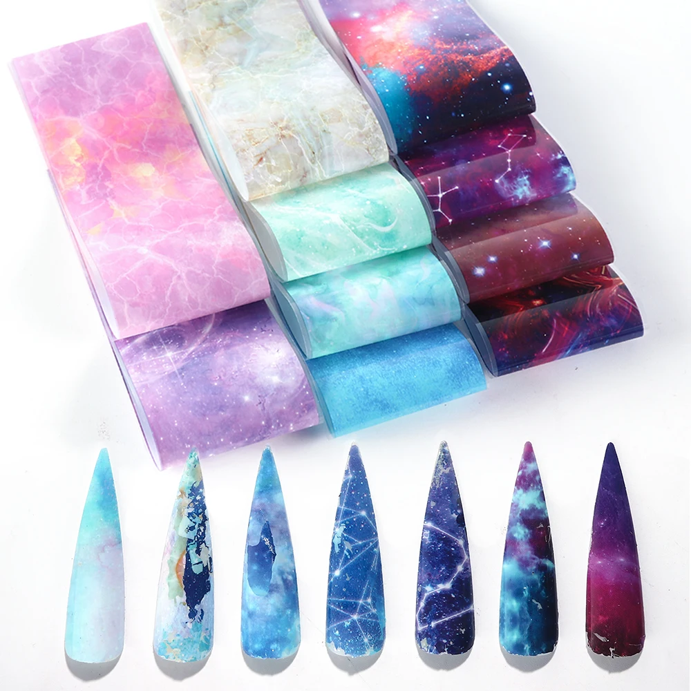 

10pcs Holographic Nail Foils for Manicure Marble Shining Stone Designs Transfer Stickers Starry Sky Adhesive Wraps Decals TR1022