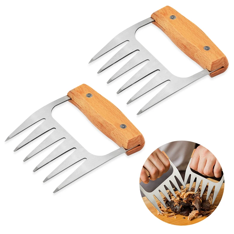 2pcs Barbecue Meat Shredder Claws Wood Handle Handling Fork Puller for