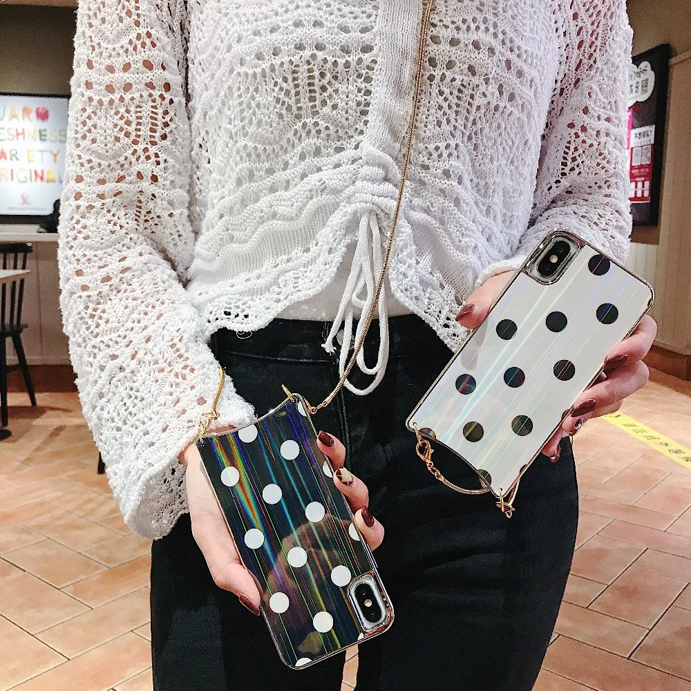 Girly Case For iPhone Xr X Xs Max Cover Korean Aurora Gradient Color Dot Skin Bag Cases For iPhone 7 8 Plus 6S Case + Long Chain (7)