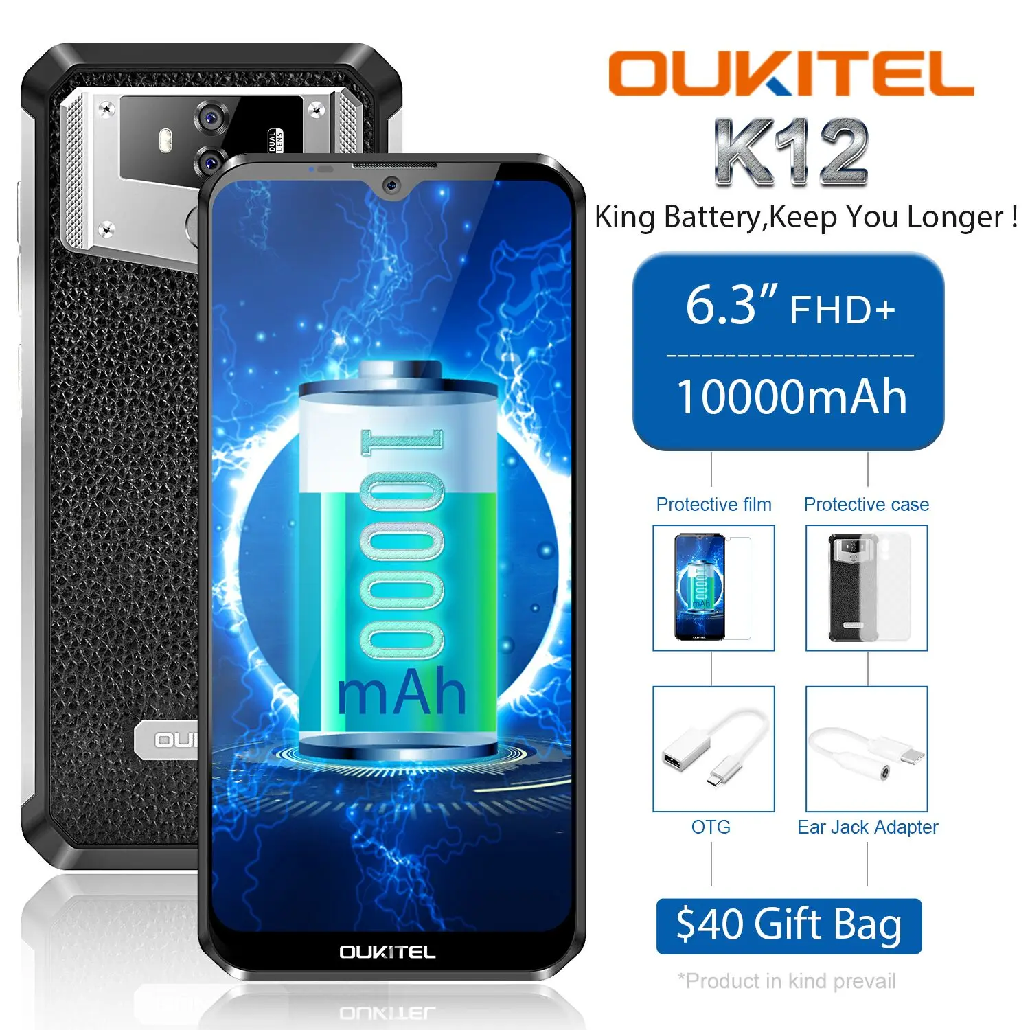 Смартфон OUKITEL K12 с Каплевидным покрытием 6," FHD+ 1080*2340 16 МП, 6 ГБ ОЗУ, 64 Гб ПЗУ, с функцией распознавания лица, 10000 мА/ч, 5 В/6А, быстрая зарядка, OTG, мобильный телефон