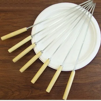 

10PC/lot Outdoor Wood handle Metal Picnic BBQ Skewers Camping Barbecue Grilling Kabob Kebab Flat Skewers