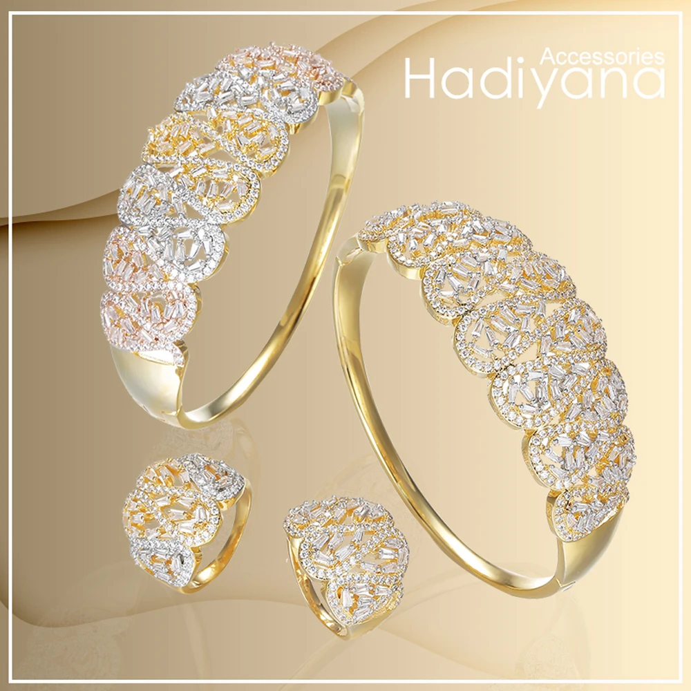 

HADIYANA New Luxury AAA Cubic Zircon Wide Bangle Ring Set Fashion 3Tone Color Plated Women Bangle Bracelet Set With Ring SZ243