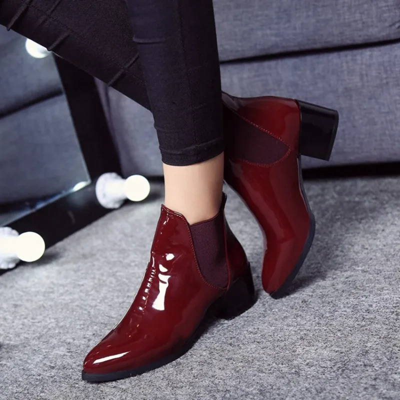 COOTELILI Comfortable 5cm High Heels Ankle Boots For Women Pointed Toe Warm Autumn Winter Shoes Women Pumps Red Black 35-39 (12)