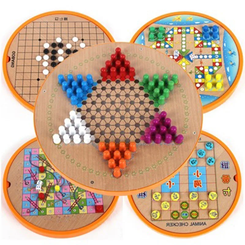 5 In 1 Wooden Checkers Kids Puzzles Toyes Flying Chess Chinese Draughts Train Gobang Animal Checker Five Uniting Set | Канцтовары для