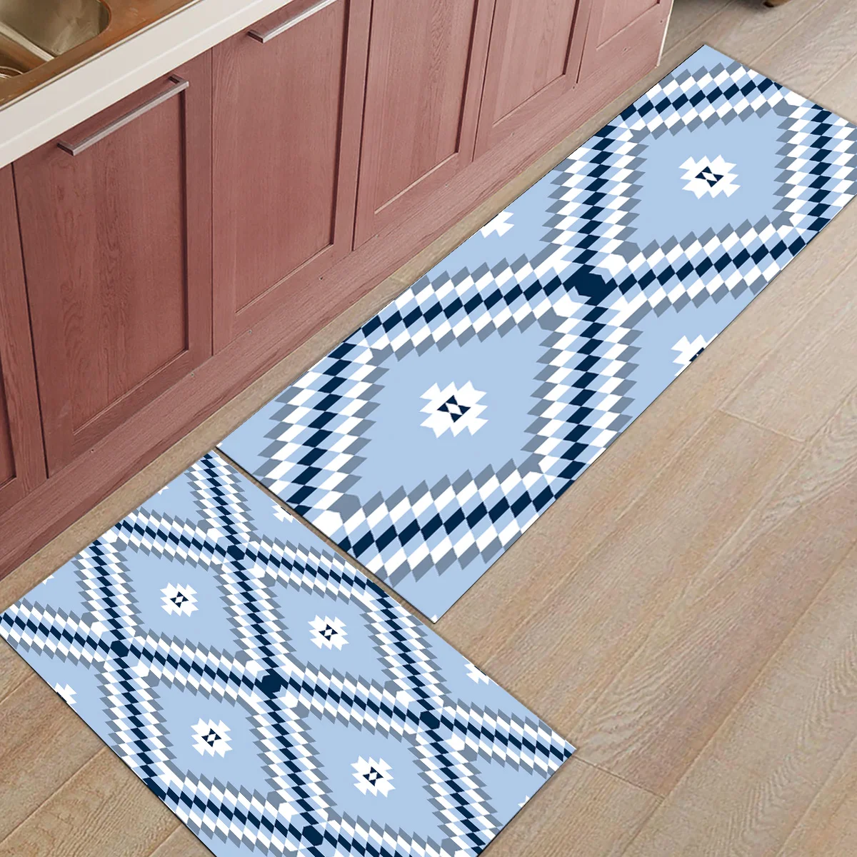 

2 Piece Kitchen Mats and Rugs Set Modern Aztec Traditional Patterns Blue Home Deocr Non Skid Area Runner Doormats Carpet