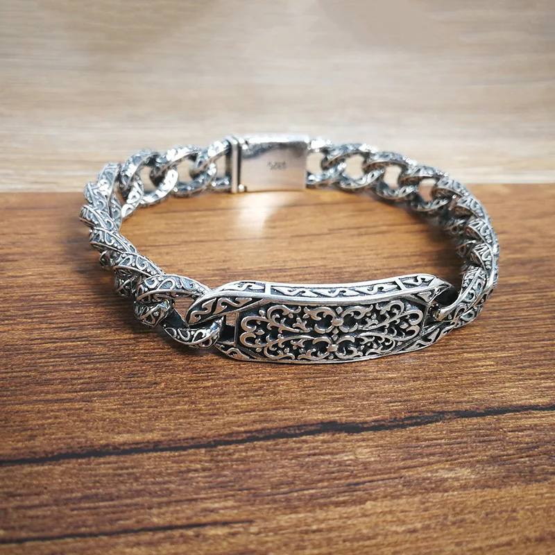 

925 Sterling Silver Men's Personality Bracelet Thai Silver Retro Domineering Punk Tide Bracelet Fashion Pattern Whip Chain Gifts