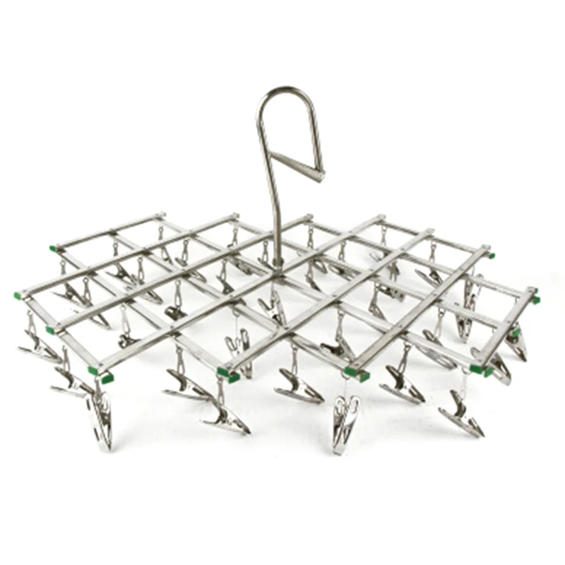 Stainless steel Rack Clamp Home Portable Laundry Hanger clips Clothes Socks Underwear Airer Silver 35 Pegs Folding