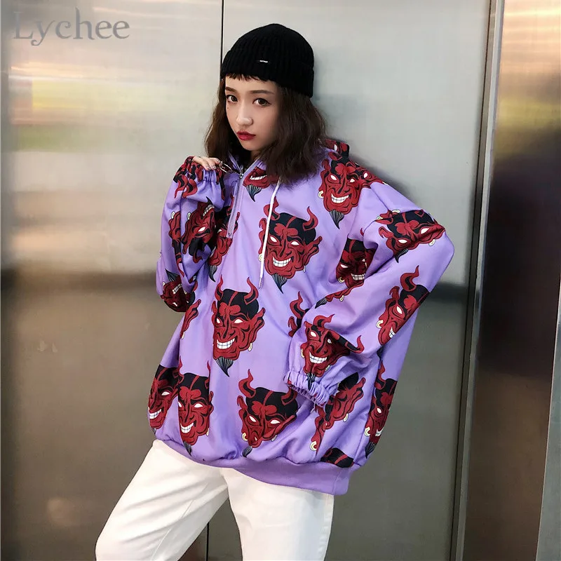 Lychee Harajuku дьявол печати с капюшоном для женщин Толстовка металлическое кольцо на молнии повседневное Свободные длинным рукавом женские пуловеры