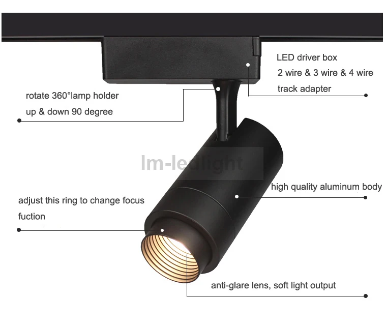 

adjust zoom dimmable 4 wire 3 phase LED track rail lights 30W in white black track head track lighting spotligh free ship 20pcs