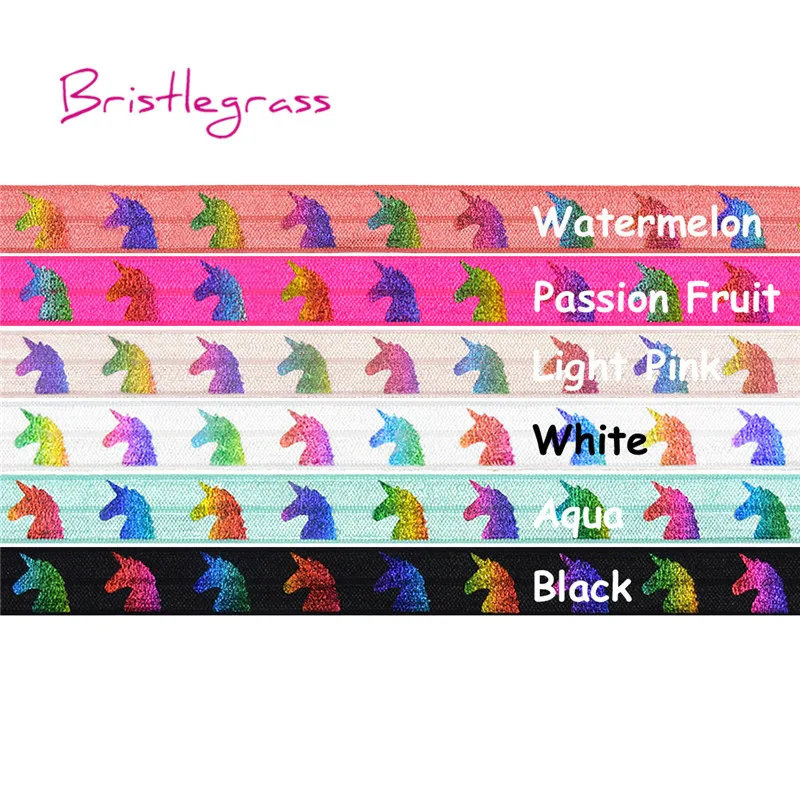 

BRISTLEGRASS Wholesale 50 Yard 5/8" 15mm Rainbow Unicorn Print Shiny Fold Over Elastics FOE Spandex Bands Headband Dress Sewing