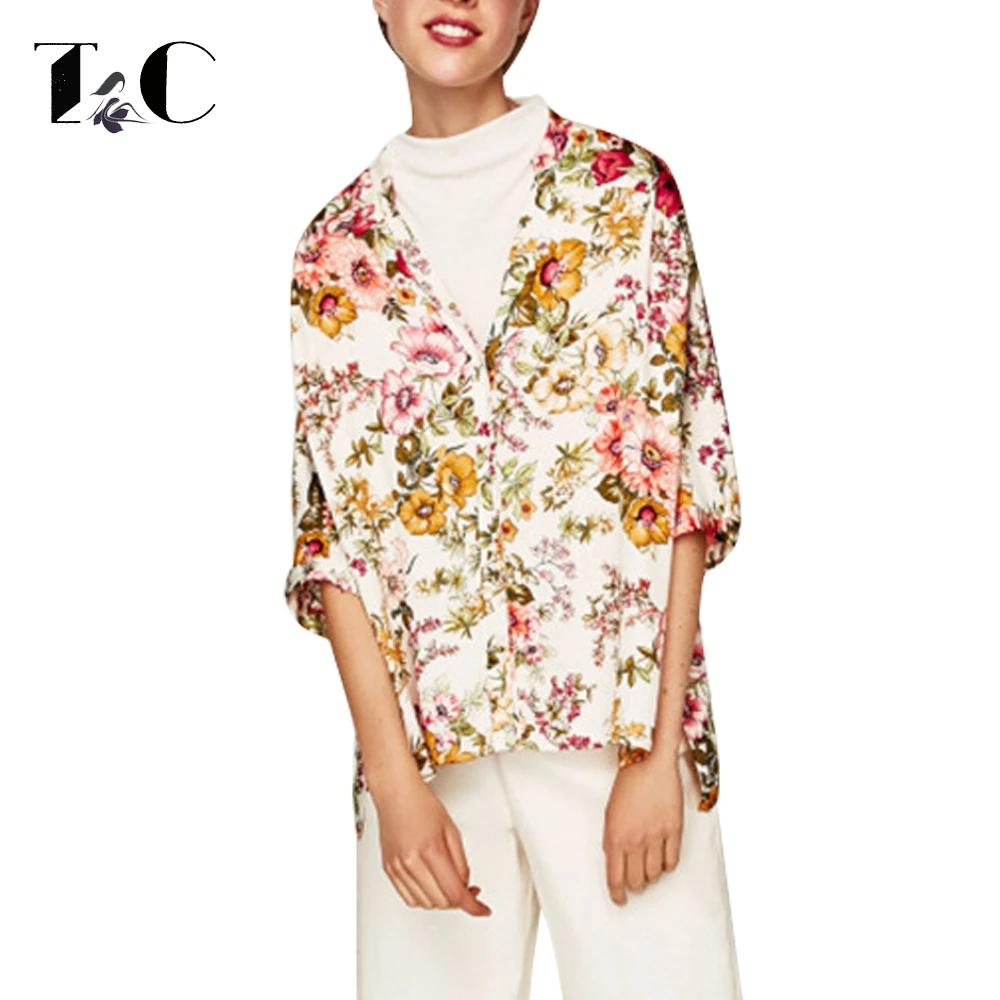 TC Women Floral Printed Blouses V-neck Casual women 2017 Summer Shirts Feminino Blousas |