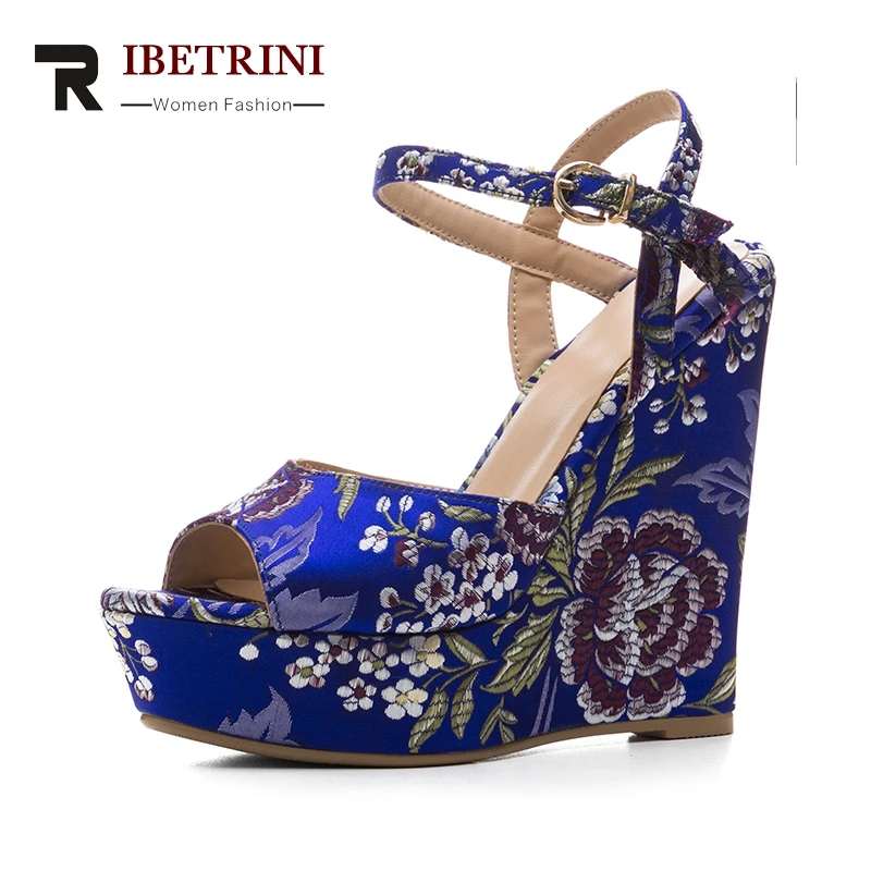 

RIBETRINI 2018 silk large Size 34-41 wedge high heels buckle strap Women shoes platform peep toe Wrapped woman Pumps