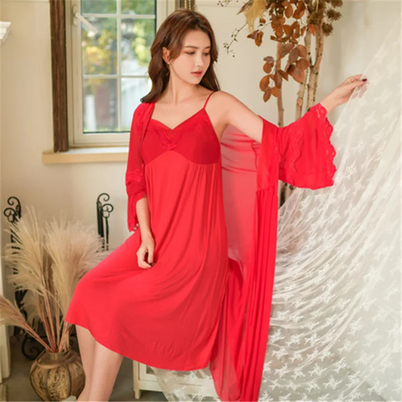 Весенняя Ночная одежда для женщин, халат, платье, комплект, шелковое длинное кимоно, сексуальная кружевная ночная рубашка, пижама, платье, халат, пеньюар, наборы T428 - Цвет: Red