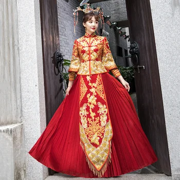 

Vintage Button Bride Wedding Dress Exquisite Tassel Rhinestone Stage Show Clothing Suzhou Embroidery Pleated Women Cheongsam