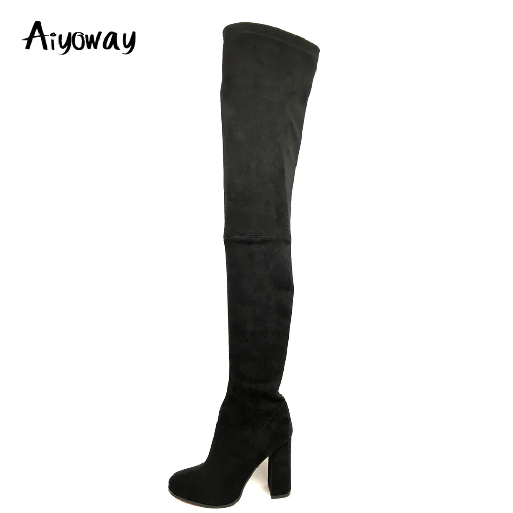 Goede Aiyoway Sexy Vrouwen Dames Ronde Neus Hoge Hak Over de Knie Laarzen Blok Hak Side Zip Winter Warm Dij Laarzen Zwart AMERIKAANSE Maat 5 ~ 17