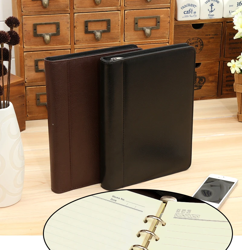 A5 leather notebook padfolio Agenda Planner organizer Mulifunction design Zipper bag note book with font b