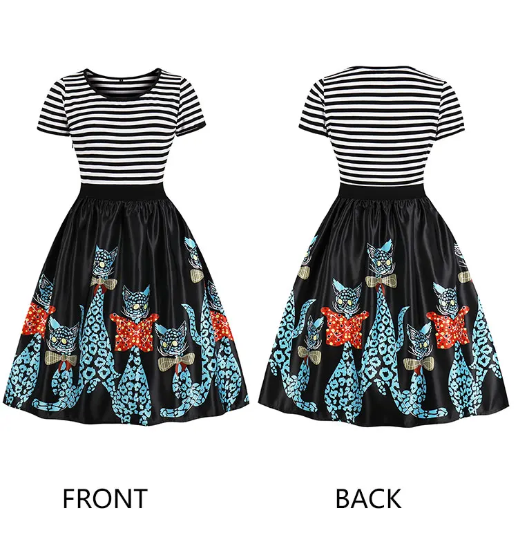 Mature Umbrella Plus Size Cat Print Halloween Women High Waist Cotton Retro Rockabilly Patchwork Stripe Vintage Party Dresses